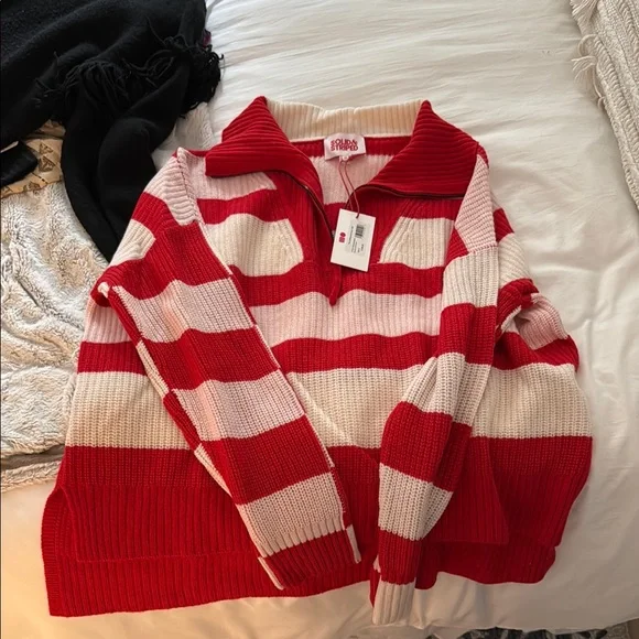 Solid and Striped Red and Pink Cowl Neck Sweater - Picture 2 of 4